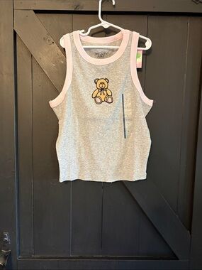Mighty Fine Grey Tank Top with Pink Trim and Teddy Bear Patch